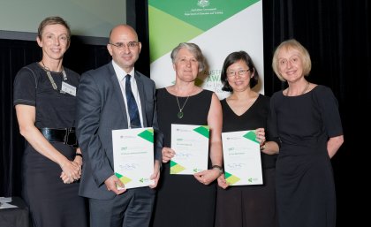 L-R: PVC Professor Doune Macdonald, Professor Anthony Cassimatis, Dr Lisa Fitzgerald, Dr Poh Wah Hillock, DVC Professor Joanne Wright